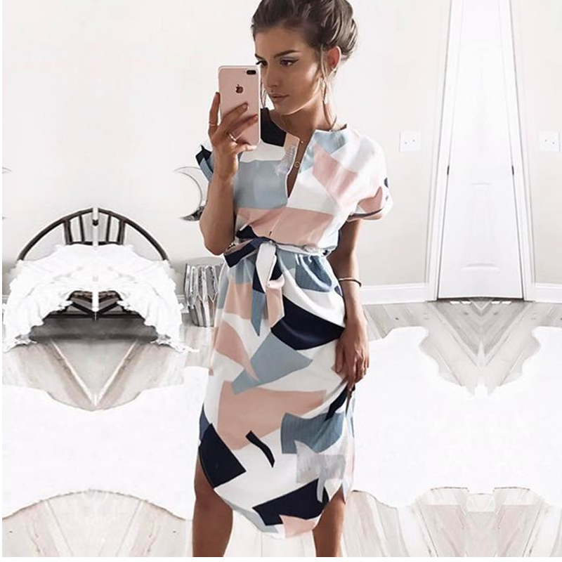2019 gorąca sprzedaż kobiet Midi sukienek nadruk geometryczny letnia plażowa sukienka boho luźna bluzka nietoperz sukienka Vestidos Plus rozmiar