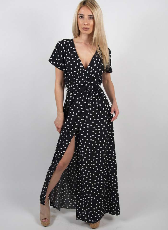 WildPinky Boho Polka Dot długie sukienki damskie Split z krótkim rękawem letnia Casual Dress 2020 Streetwear czarna sukienka Maxi Vestidos