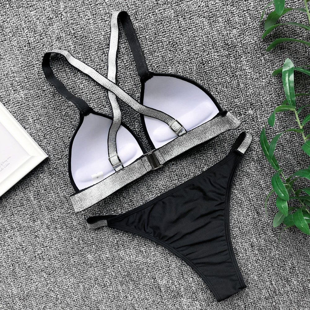 Lato Bikini kobiety Push-up usztywniany stanik bandażowy Bikini Set czarny biały olśniewający pasek strój kąpielowy trójkąt stroje kąpielowe kobiety kąpiel