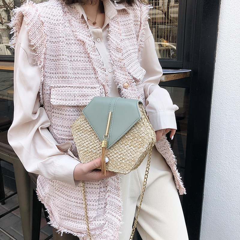 Hexagon Mulit Style słoma + skórzana torebka damska letnia torebka ratanowa ręcznie tkana plaża koło Bohemia torba na ramię New Fashion