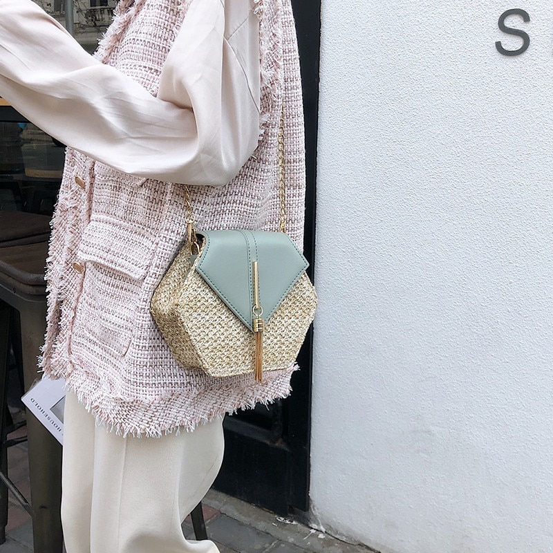 Hexagon Mulit Style słoma + skórzana torebka damska letnia torebka ratanowa ręcznie tkana plaża koło Bohemia torba na ramię New Fashion