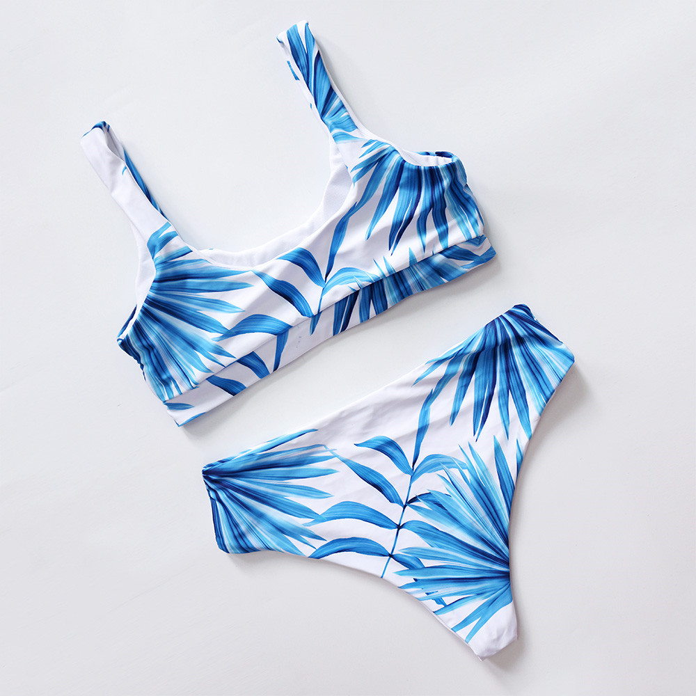 Sexy z wycięciem biały tropikalny liść palmowy wysokiej talii Bikini 2020 Lady stroje kąpielowe kobiety Sport kostium kąpielowy damski strój kąpielowy