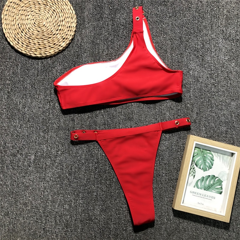 Sexy czerwone Bikini 2020 wysokiej talii Cut strój kąpielowy kobiety Push Up stroje kąpielowe letnie stroje kąpielowe stałe jedno ramię Bikini strój kąpielowy