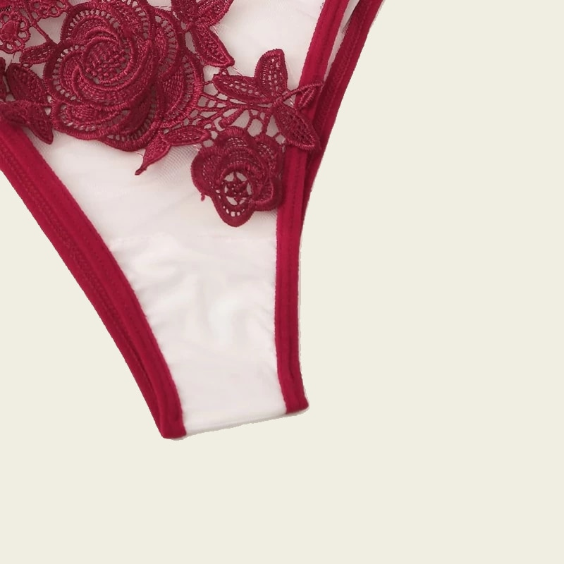 LOPNT seksowny biustonosz damski zestaw striptizerka ubrania czerwony kwiat aplikacja Sheer komplet bielizny przezroczysty biustonosz Femal bielizna z kwiecistej koronki