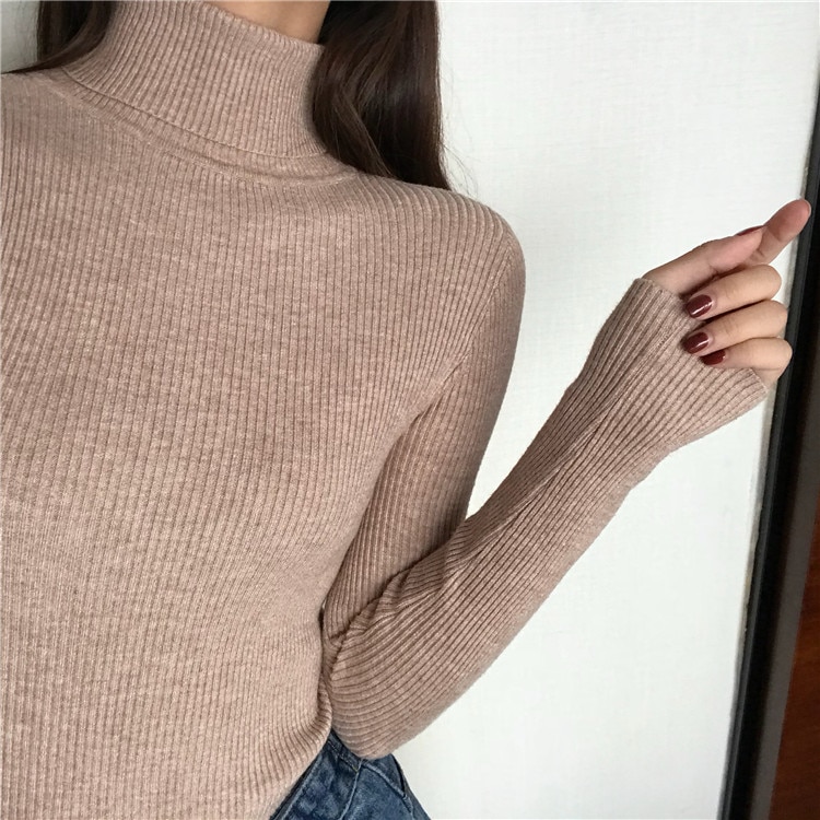 2020 jesienno-zimowy gruby sweter kobiet sweter z dzianiny prążkowany sweter z długim rękawem z golfem wąski sweter miękkie ciepłe Pull Femme