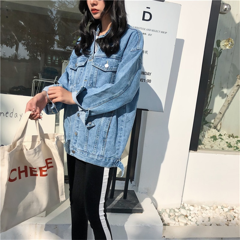 Damska kurtka dżinsowa 2020 koreański styl jednokolorowa na co dzień niebieskie kurtki jesień plus rozmiar luźne jeansy płaszcze damskie