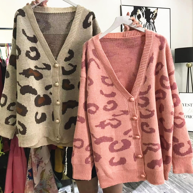OUMENGKA swetry damskie jesień zima 2020 modne Casual Leopard V-Neck pojedyncze piersi bufiaste rękawy luźne koszule bez guzików płaszcz