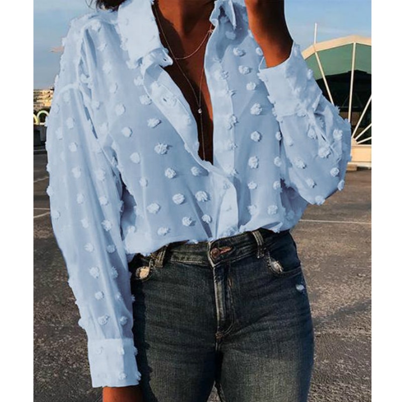 Moda damska Streetwear OL biała niebieska koszula z długim rękawem siatka Polka Dot koszula bluzka 2019 New Fashion