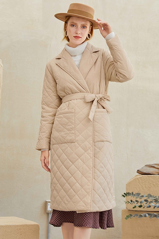 Simplee długi prosty płaszcz zimowy z wzorem w romby Casual sashes women parki głębokie kieszenie dopasowany kołnierz stylowa odzież wierzchnia
