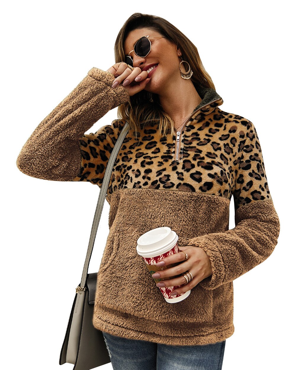 2019 zimowy sweter polarowy moda wzór lamparta, patchworkowa puszyste grube swetry ciepłe pullowery na suwak kobiety zimowy płaszcz Sherpa topy