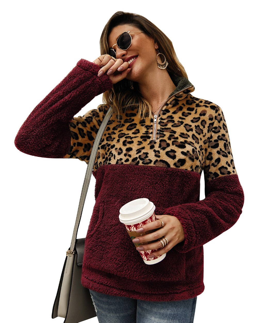 2019 zimowy sweter polarowy moda wzór lamparta, patchworkowa puszyste grube swetry ciepłe pullowery na suwak kobiety zimowy płaszcz Sherpa topy