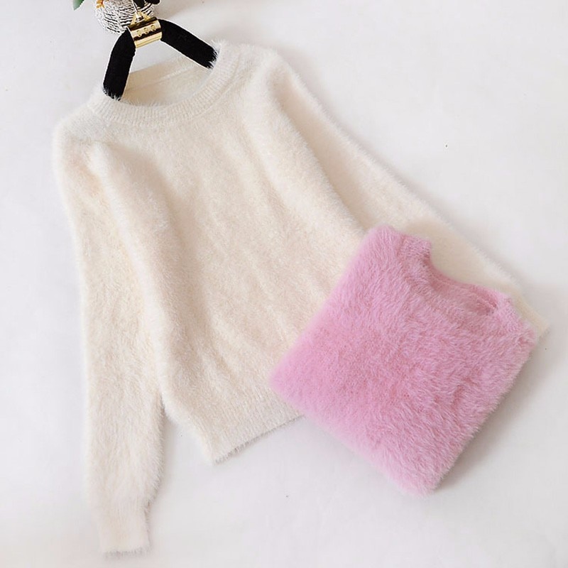 Puszysty sweter rozmyte futro koreański kaszmir sweter kobiety Pull Femme zimowe ciepłe swetry moherowe ubrania 2020 Jumper Christmas Pull