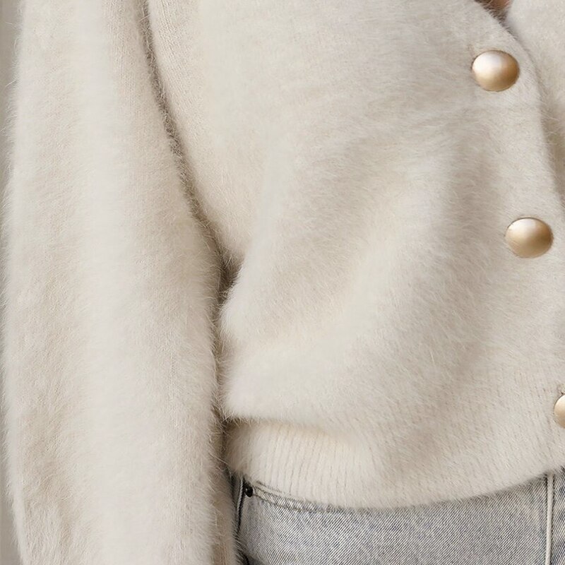 Hirsionsan elegancka, długa rękaw moherowy sweter damski 2020 nowy jednorzędowy damski krótki kardigan miękki elastyczny dzianinowy sweter