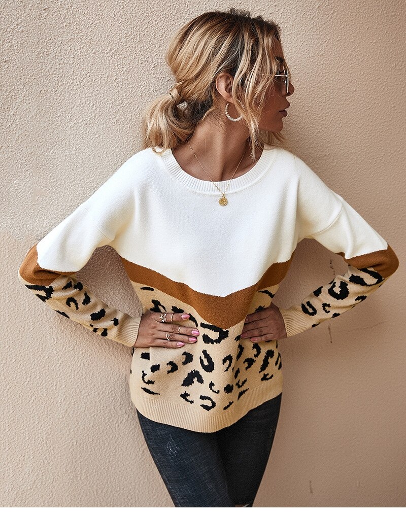 Moda wzór lamparta, patchworkowa jesienno-zimowa 2020 damska dzianinowa sweter damska O-neck pełna bluza z kapturem Top Khaki Brown