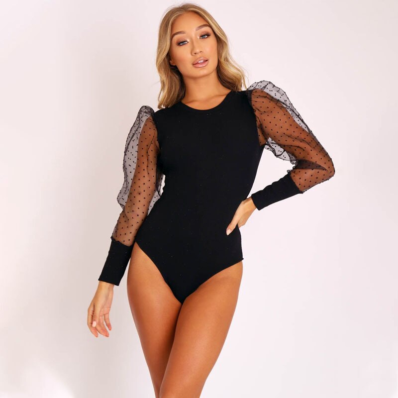 Black Women's Bodysuit with Puff Sleeves