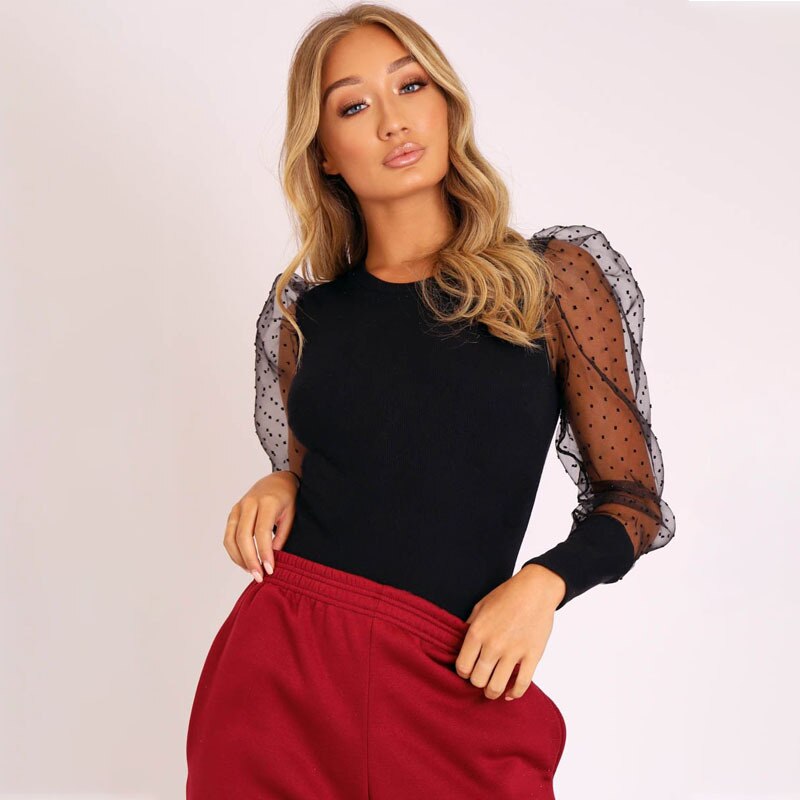 Black Women's Bodysuit with Puff Sleeves