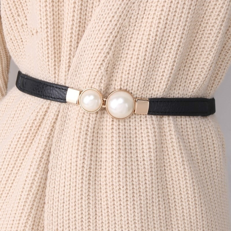 Kobiety podwójna perła pas PU skórzana sukienka spódnica w pasie elastyczne cienkie paski damskie w pasie