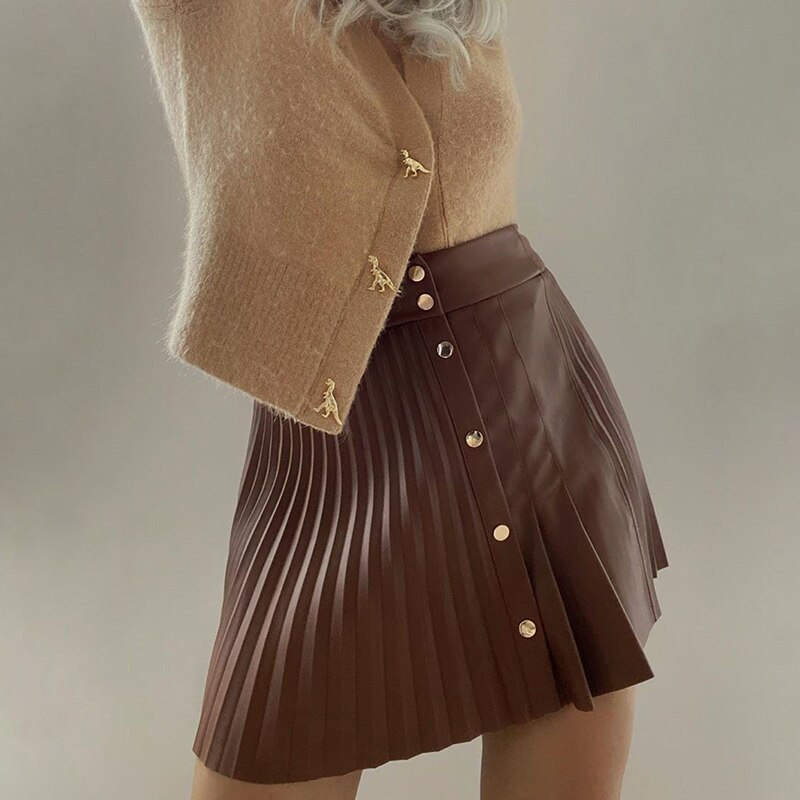 Snican twarda skóra ekologiczna spódnica wysokiej talii przyciski sexy mini plisowana spódnica asymetryczna moda faldas cortas za 2020 kobiet jesień