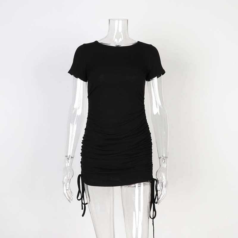 Damskie prążkowane sukienką ze sznurkiem bodycon z okrągłym dekoltem z krótkim rękawem seksowny T-shirt sukienki WL88