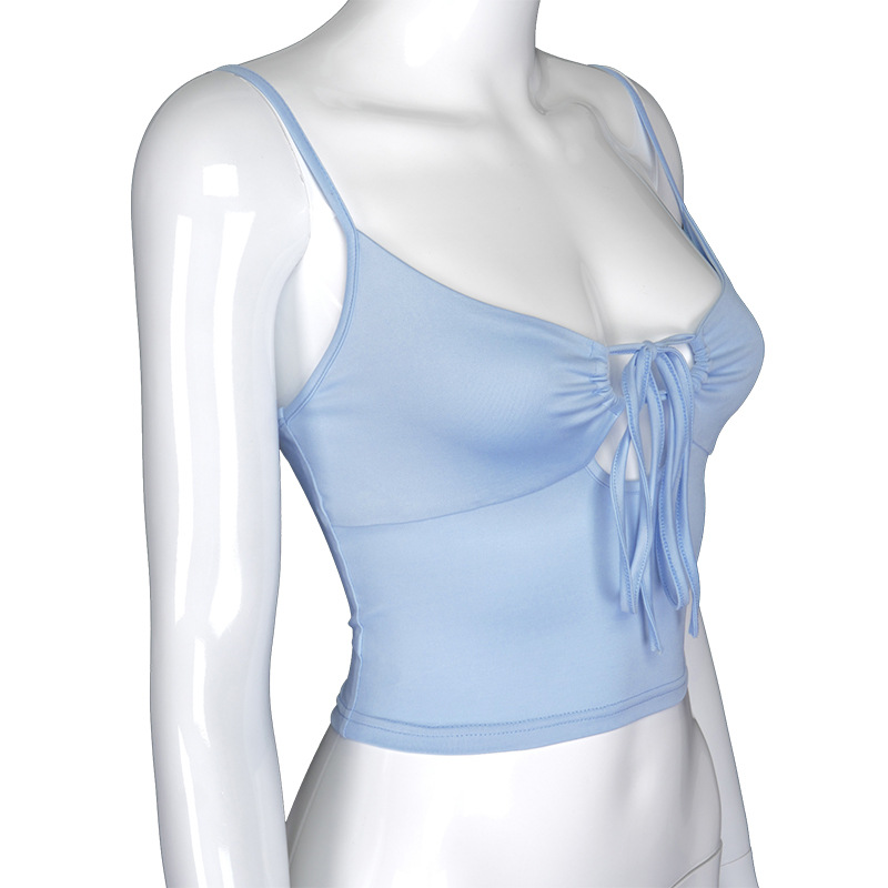 Moda damska jednolity kolor Camisole lato seksowny plisowany Hollow bandaż odsłonięty pępek Top Y2k krótki Top