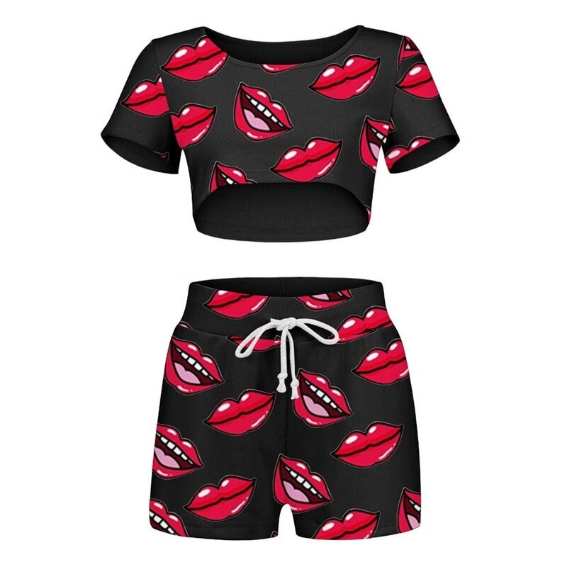 2021 zestawy piżam Sexy z nadrukiem ust kobiet piżamy z spodnie + z krótkim rękawem piżamy Pijama Nightie ubrania domowe piżamy wlać Femme
