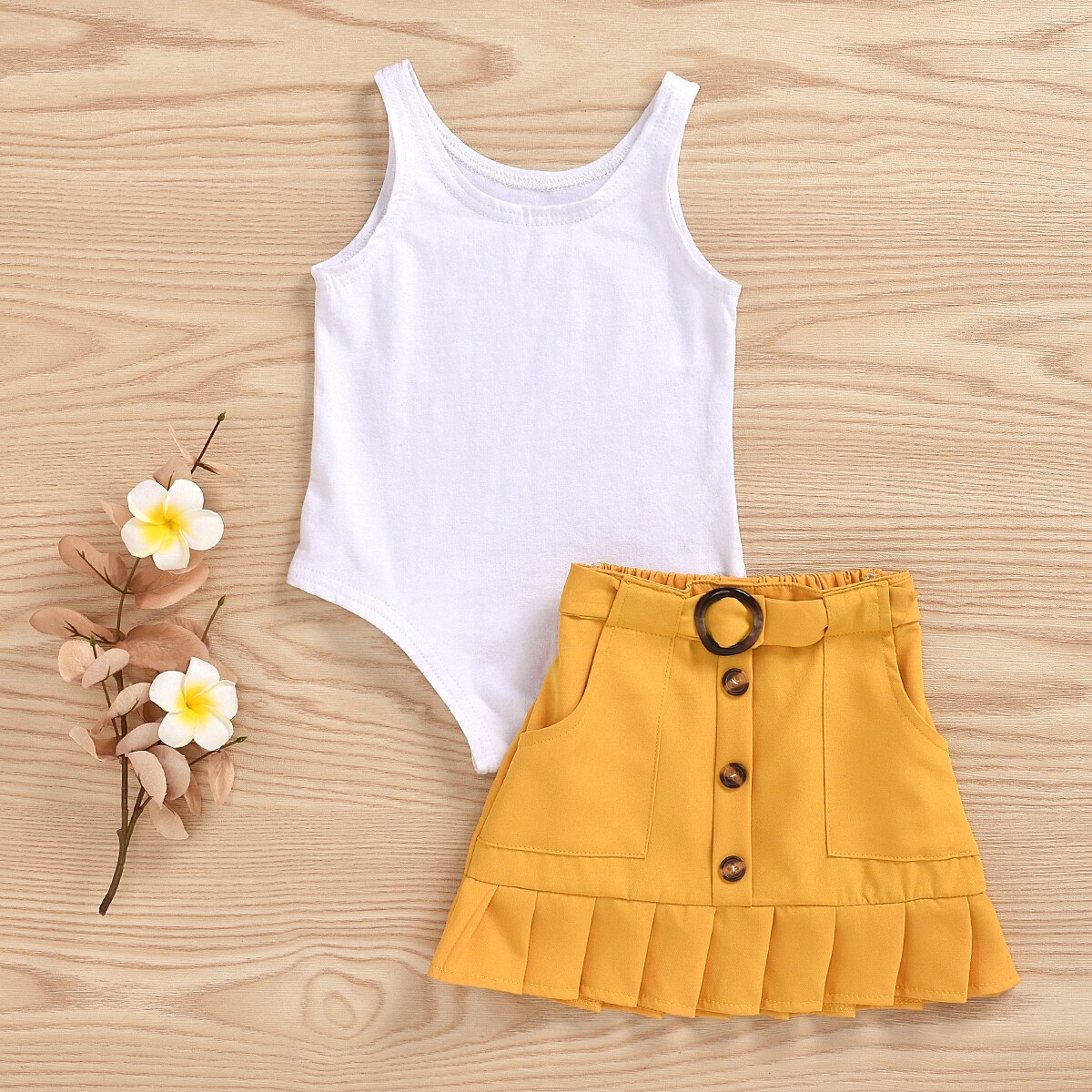 2 sztuk maluch dzieci dziewczynka ubrania zestawy bez rękawów jednolity kolor, kamizelka Romper żółty plisowana spódnica strój na lato zestaw