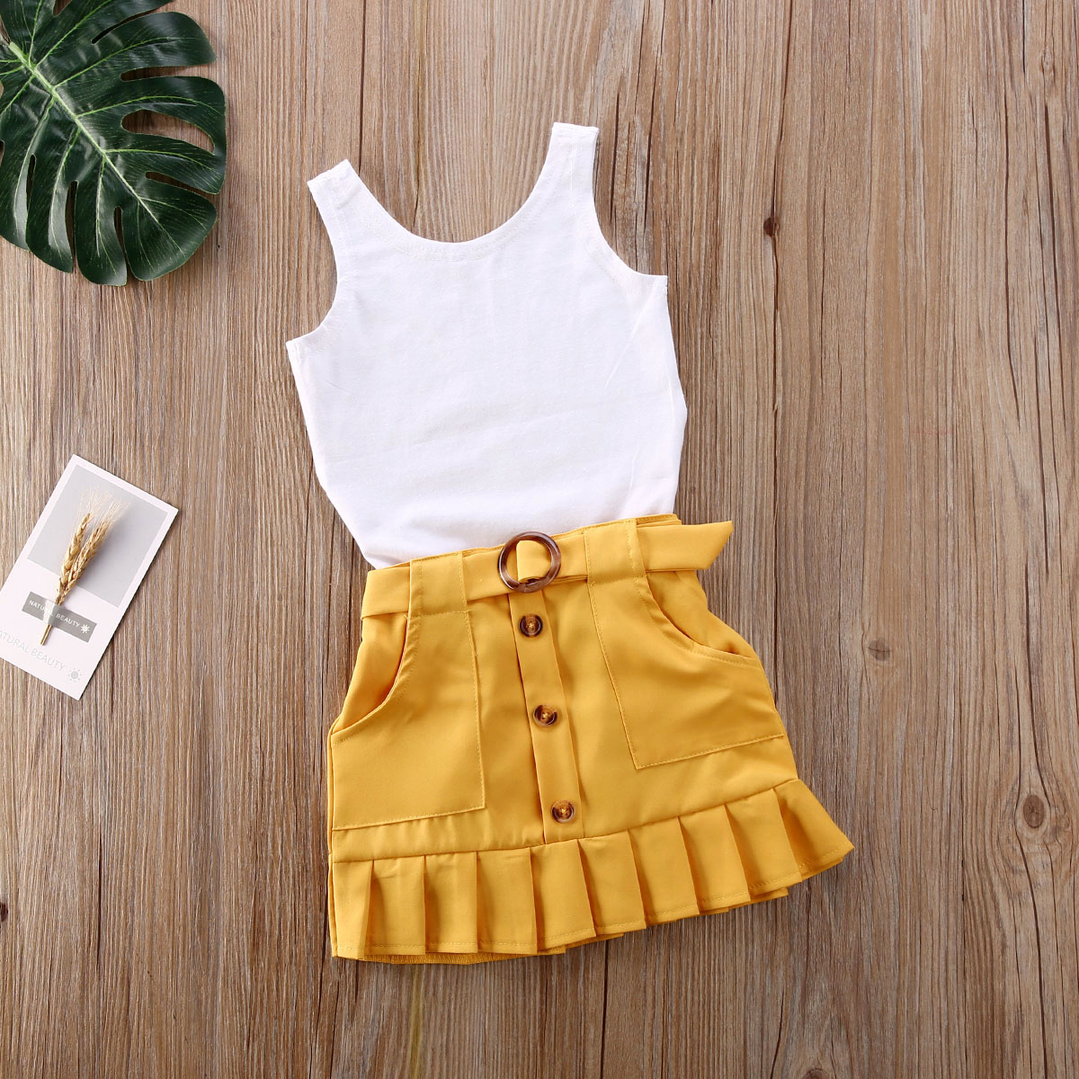 2 sztuk maluch dzieci dziewczynka ubrania zestawy bez rękawów jednolity kolor, kamizelka Romper żółty plisowana spódnica strój na lato zestaw