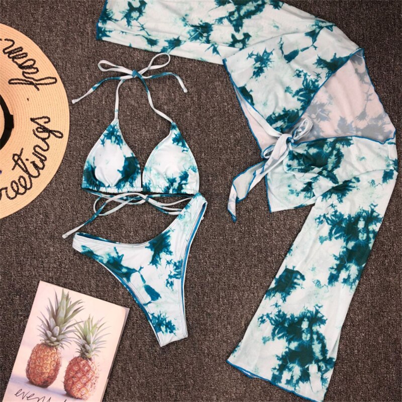 GNIM stroje kąpielowe z długim rękawem kobiety bandaż Bikini Mujer 2020 lato seksowny nadruk brazylijski strój kąpielowy kobiet trzyczęściowy zestaw Biquini