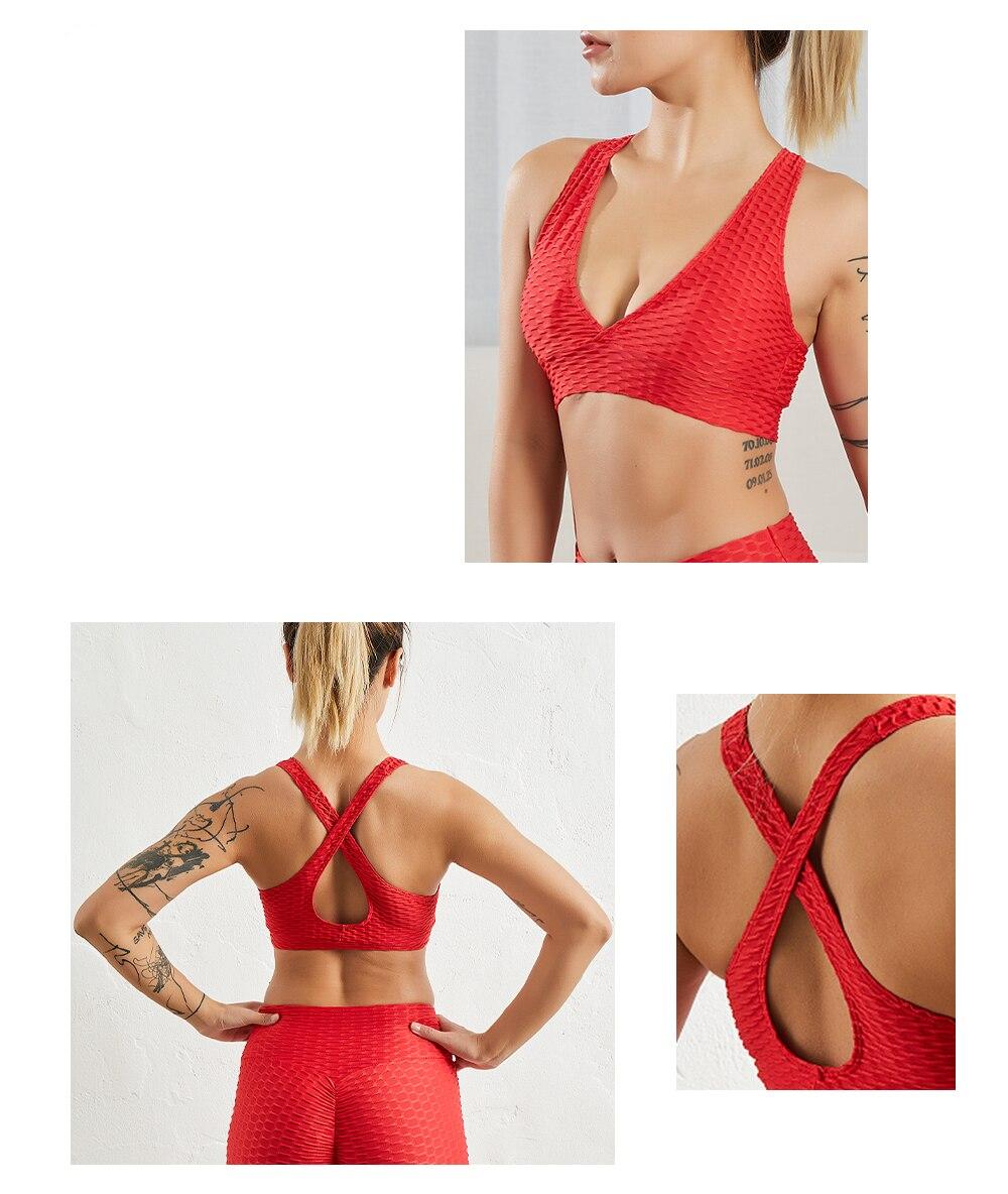 SALSPOR Sexy Red głębokie V Fitness biustonosz Push Up kobiety sport bez szwu Bubble Bralette bez fiszbin krzyż powrót bielizna na co dzień kobiet