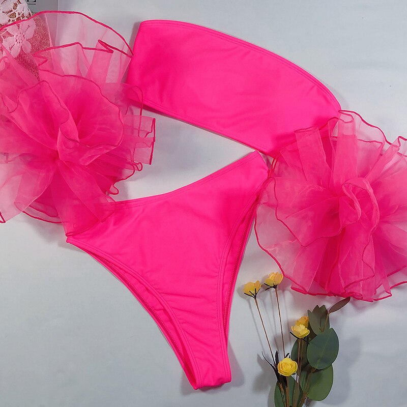 In-x Mesh strój kąpielowy z falbanką kobiet Sexy bandeau bikini 2021 bez ramiączek stroje kąpielowe kobiety bikini wysokie w talii czarny różowy strój kąpielowy