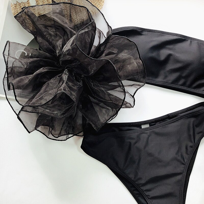In-x Mesh strój kąpielowy z falbanką kobiet Sexy bandeau bikini 2021 bez ramiączek stroje kąpielowe kobiety bikini wysokie w talii czarny różowy strój kąpielowy