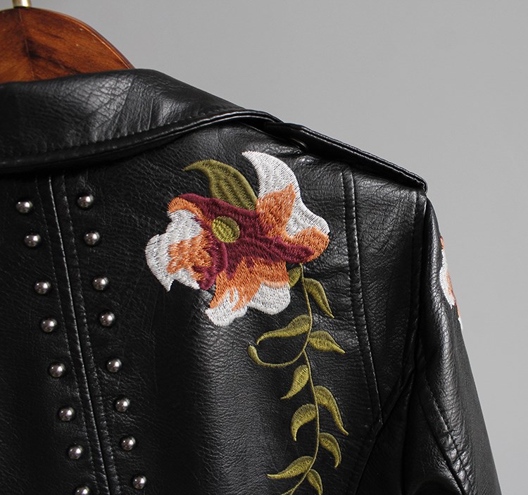 Ftlzz kobiety kwiatowy Print haft Faux miękka skórzana kurtka płaszcz skręcić w dół kołnierz dorywczo Pu motocykl czarny Punk odzież wierzchnia