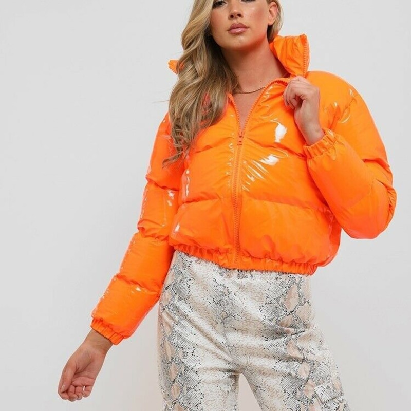 ZHYMIHRET Y2K Neon kolor damska dół kurtki 2020 z długim rękawem Parka stanąć kołnierz zimowy ciepły płaszcz lustro gładki płaszcz z suwakiem