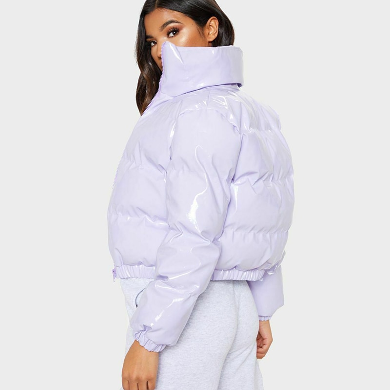 ZHYMIHRET Y2K Neon kolor damska dół kurtki 2020 z długim rękawem Parka stanąć kołnierz zimowy ciepły płaszcz lustro gładki płaszcz z suwakiem