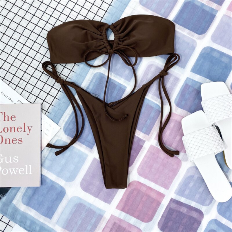 GNIM Sexy sznurkiem Bikini Set stałe stroje kąpielowe kobiety 2 sztuk zestaw 2021 lato bandaż Bandeau kostium kąpielowy damski w nowym stylu Biquini