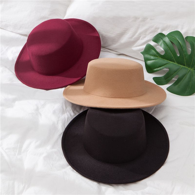 Płasko zakończony kapelusze Fedoras dla kobiet jednokolorowe imitacje wełniane czapka jazzowa eleganckie brytyjskie szerokie rondo damskie czapki melonik
