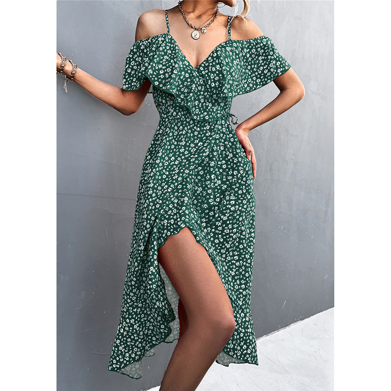 WAYOFLOVE panie wiosna lato seksowne ramiączka sukienka kobiety zielony Off ramię Ruffles Casual sukienki plażowe kobiet sukienka z kwiatowym nadrukiem