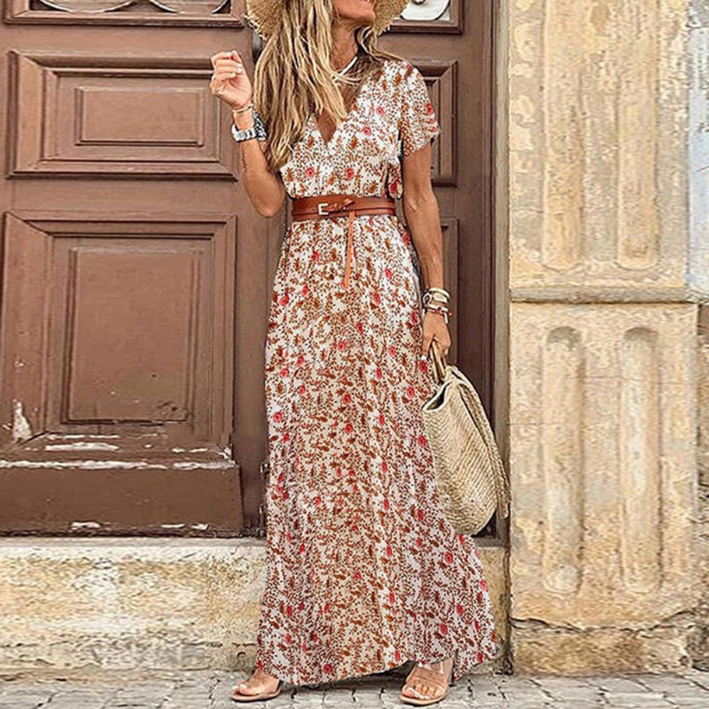 Kobiety długa sukienka Boho moda tureckie wzory V Neck sukienki z krótkim rękawem letni pasek duża Hem plaża sukienka elegancka spódnica z rozcięciami