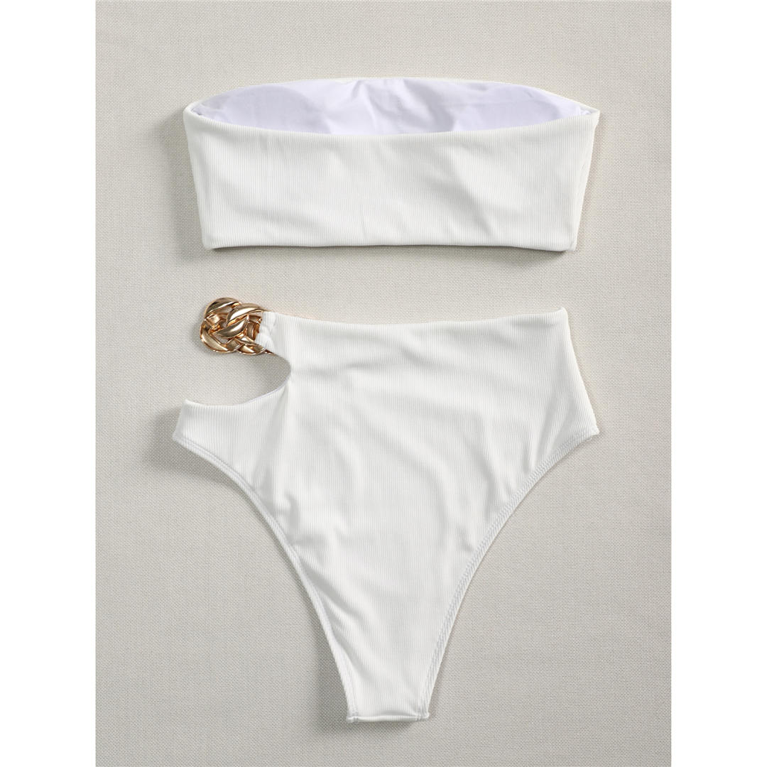 Sexy biały Bandeau prążkowany wysokiej talii Bikini damski strój kąpielowy kobiety stroje kąpielowe dwuczęściowy zestaw Bikini kąpiel strój kąpielowy pływać V2640