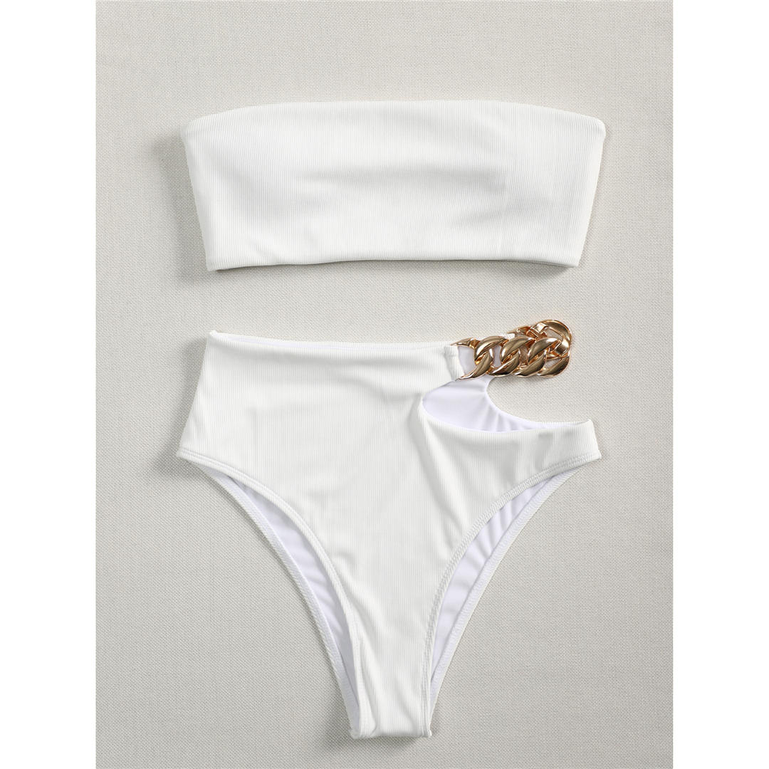 Sexy biały Bandeau prążkowany wysokiej talii Bikini damski strój kąpielowy kobiety stroje kąpielowe dwuczęściowy zestaw Bikini kąpiel strój kąpielowy pływać V2640