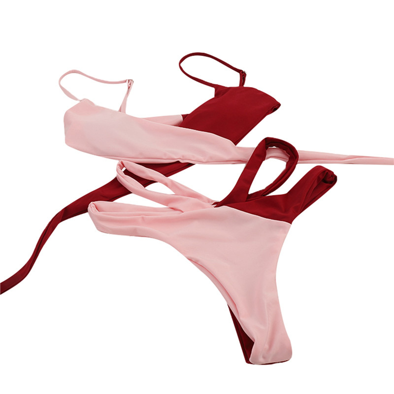 2021 nowych kobiet stroje kąpielowe wzór lamparta, patchworkowa kostiumy kąpielowe dla kobiet pasek krzyżowe wiązanie biustonosz + Hollow Out stringi Bikini Set