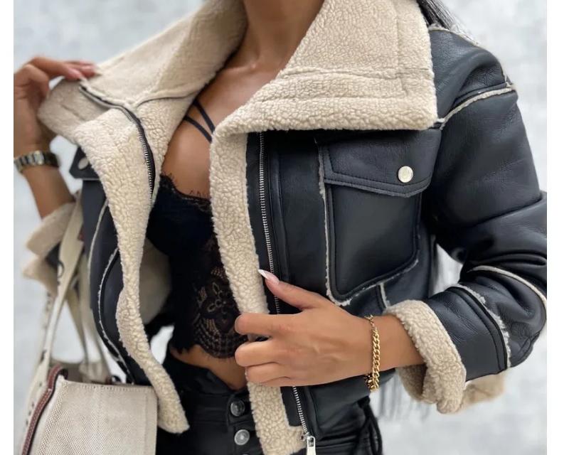 Faux Leather Jackets Women PU Short Thick Warm Black Outwear Female Aviator Retro Lapel Velvet Coat New Year Winter Tops