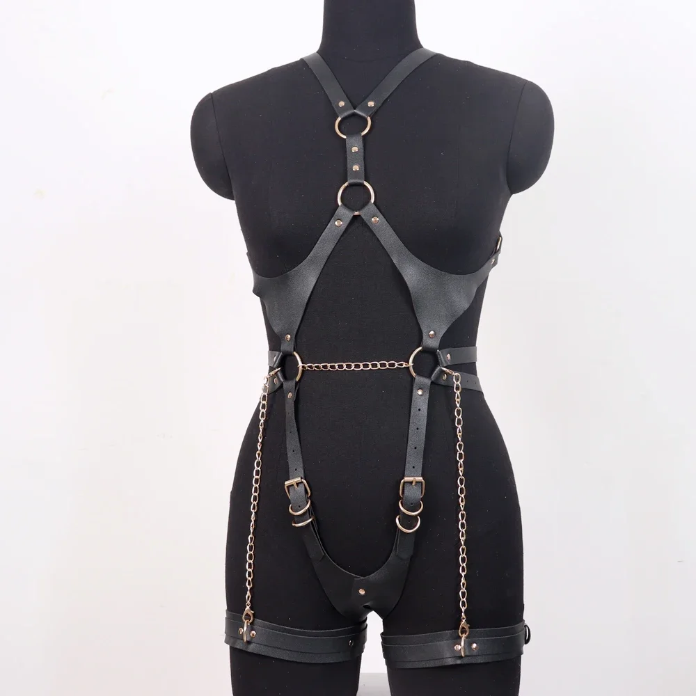 Full Body Harness Luxury Faux Leather Set BDSM Bondage Open Bra Harness Halloween Adult Costume Garter Belt Gear for Women