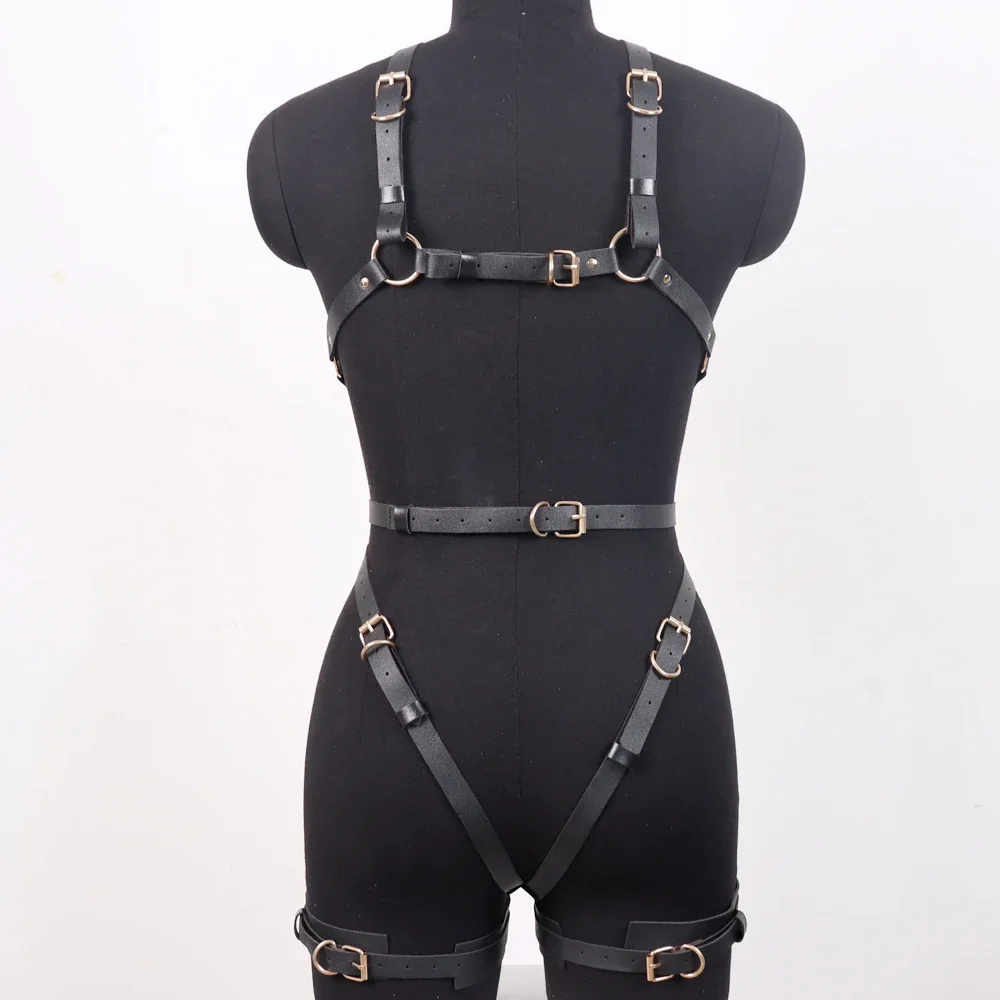 Full Body Harness Luxury Faux Leather Set BDSM Bondage Open Bra Harness Halloween Adult Costume Garter Belt Gear for Women