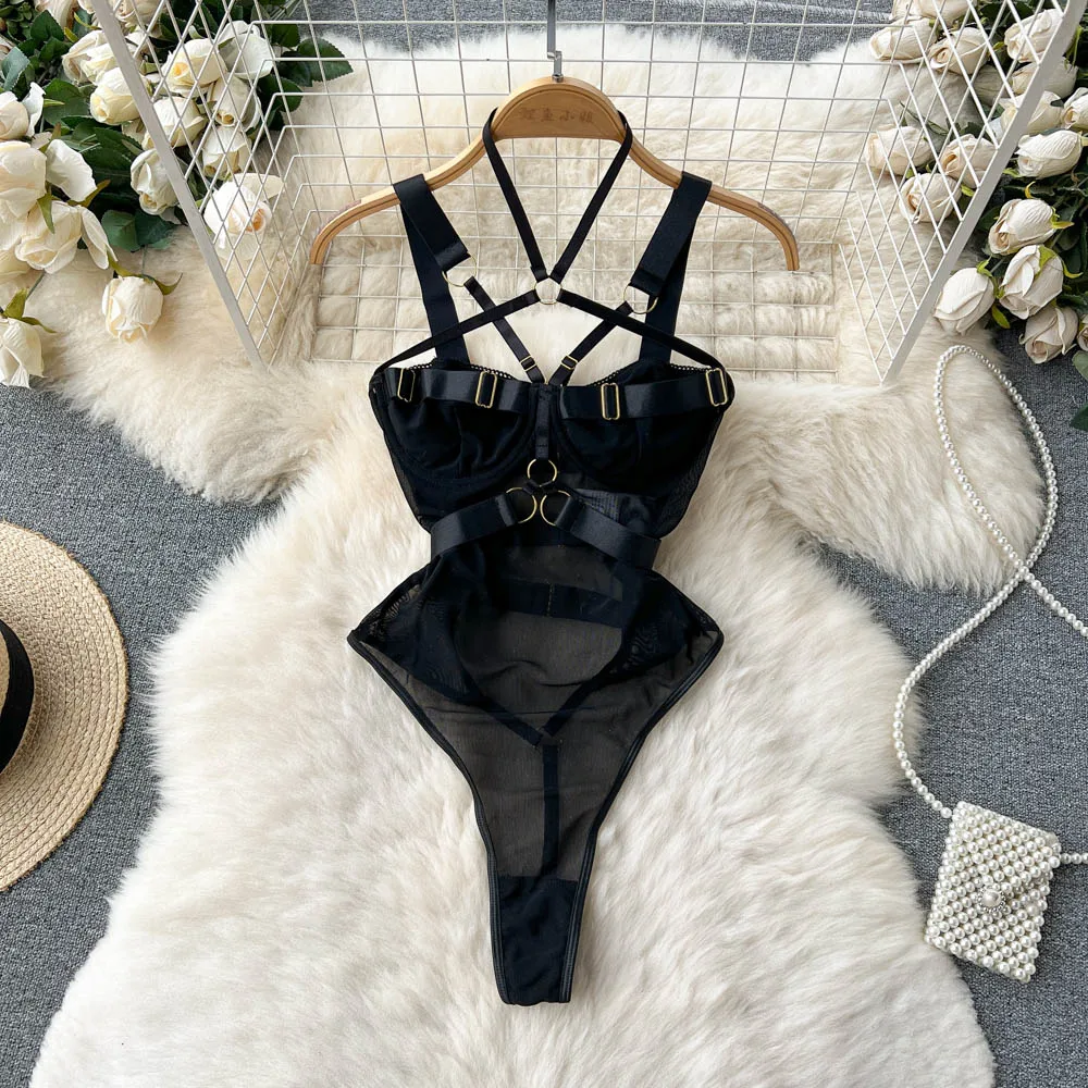 SINGREINY Fashion Sheer Sexy Bodysuits Women Buckle Crossing Halter Strap Open Crotch Nightwear Hollow Out Slim Sensual Playsuit